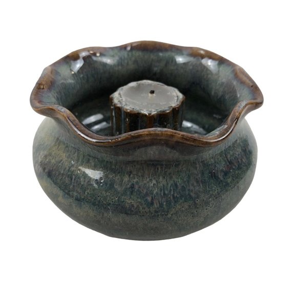 Studio Pottery Single Candlestick Holder Bowl Blue Fluted Edge Hand Signed BAY - Picture 4 of 10